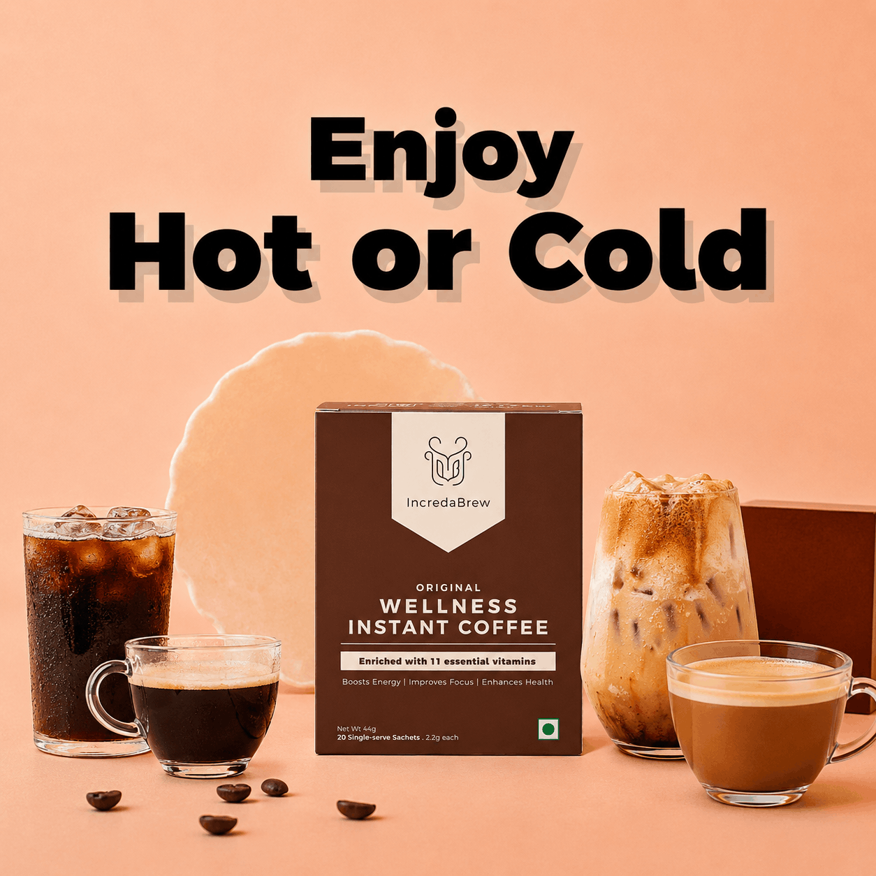 IncredaBrew Original Flavour Coffee Box beside cups of iced black coffee, hot black coffee, hot coffee and cold coffee showcasing the versatility of the coffee