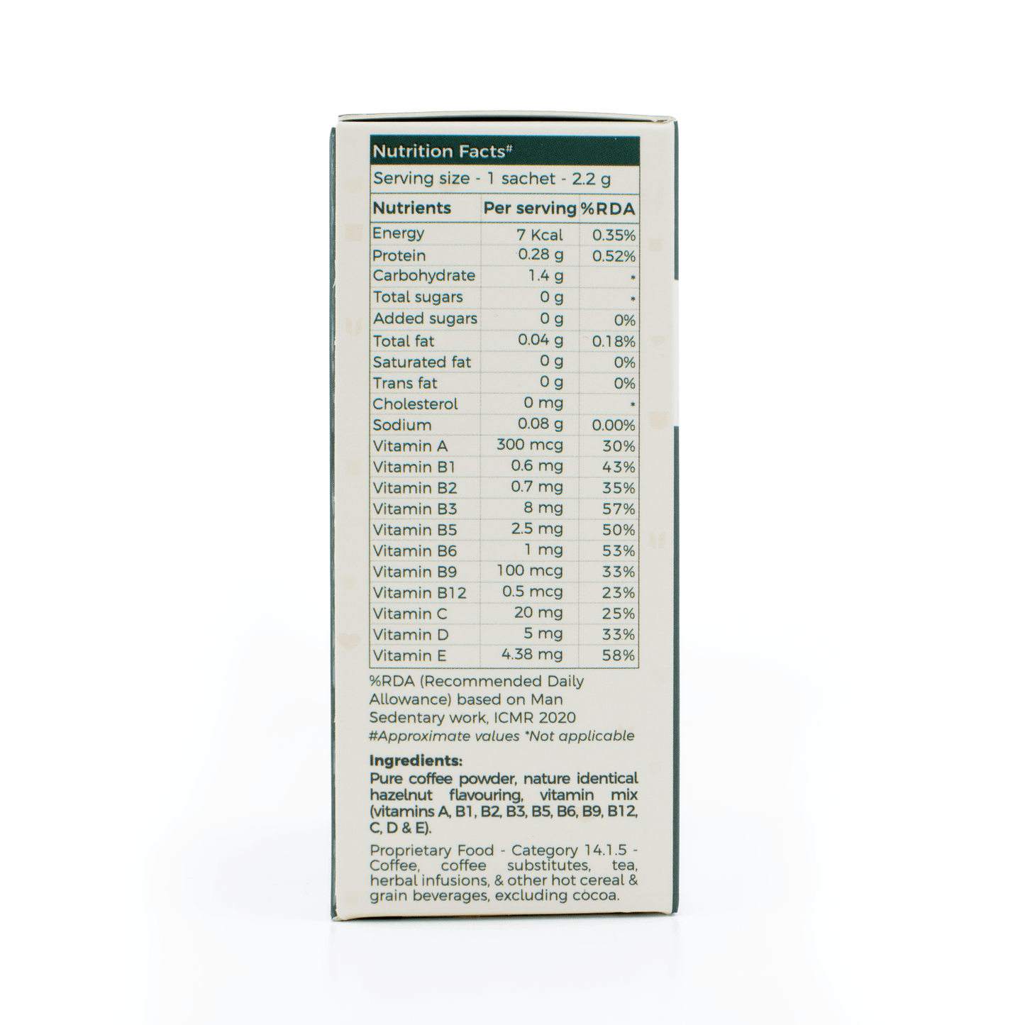 Nutrition facts and ingredients label for Hazelnut Flavour Coffee Box