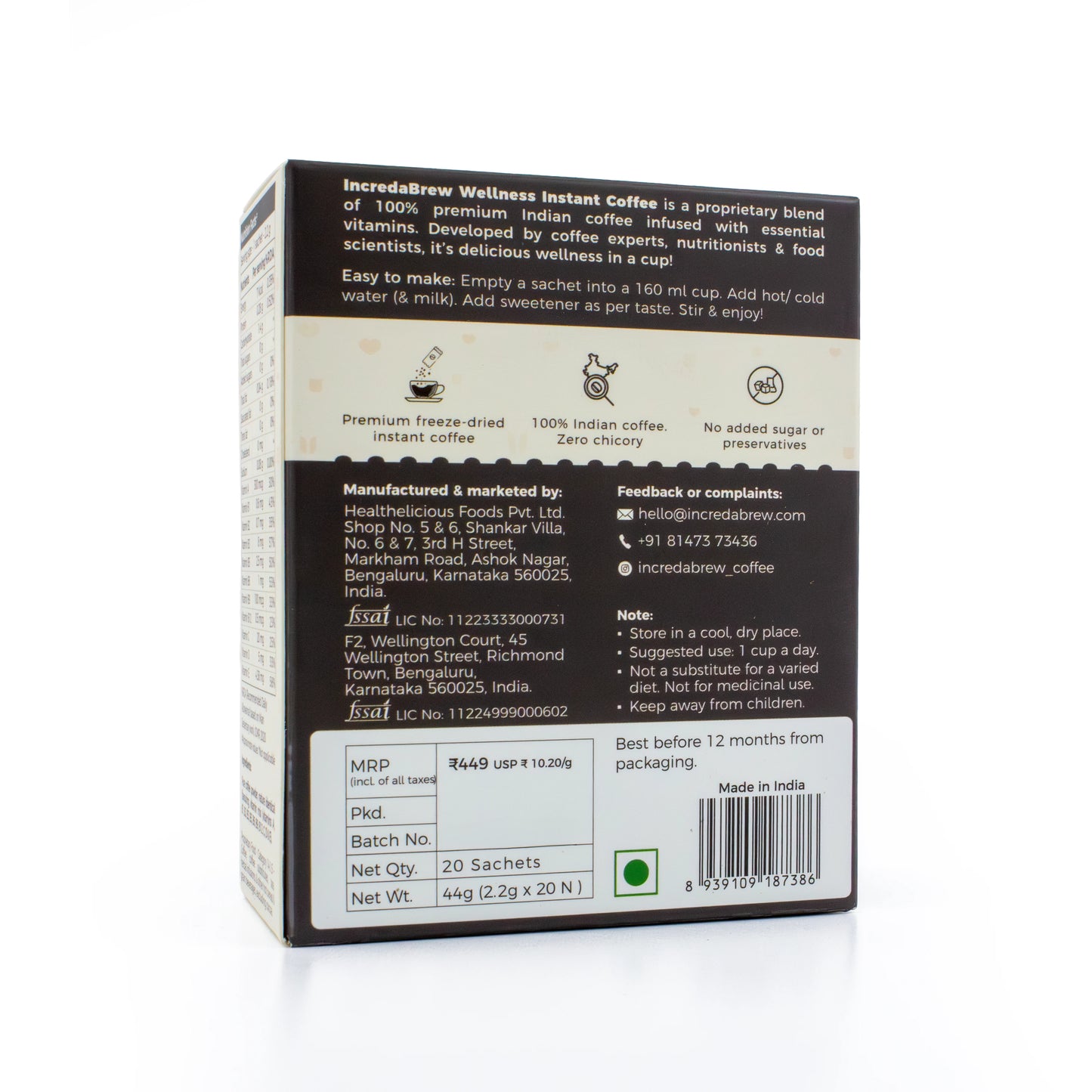 Back of the IncredaBrew Assorted Flavours Coffee Box