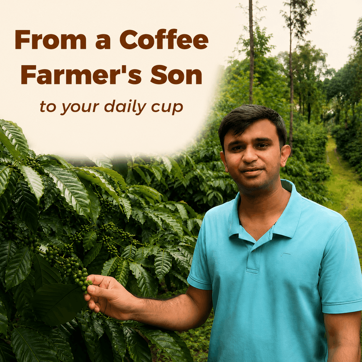 IncredaBrew founder standing among coffee plants and holding a branch of coffee cherries on his Chikmagalur coffee farm