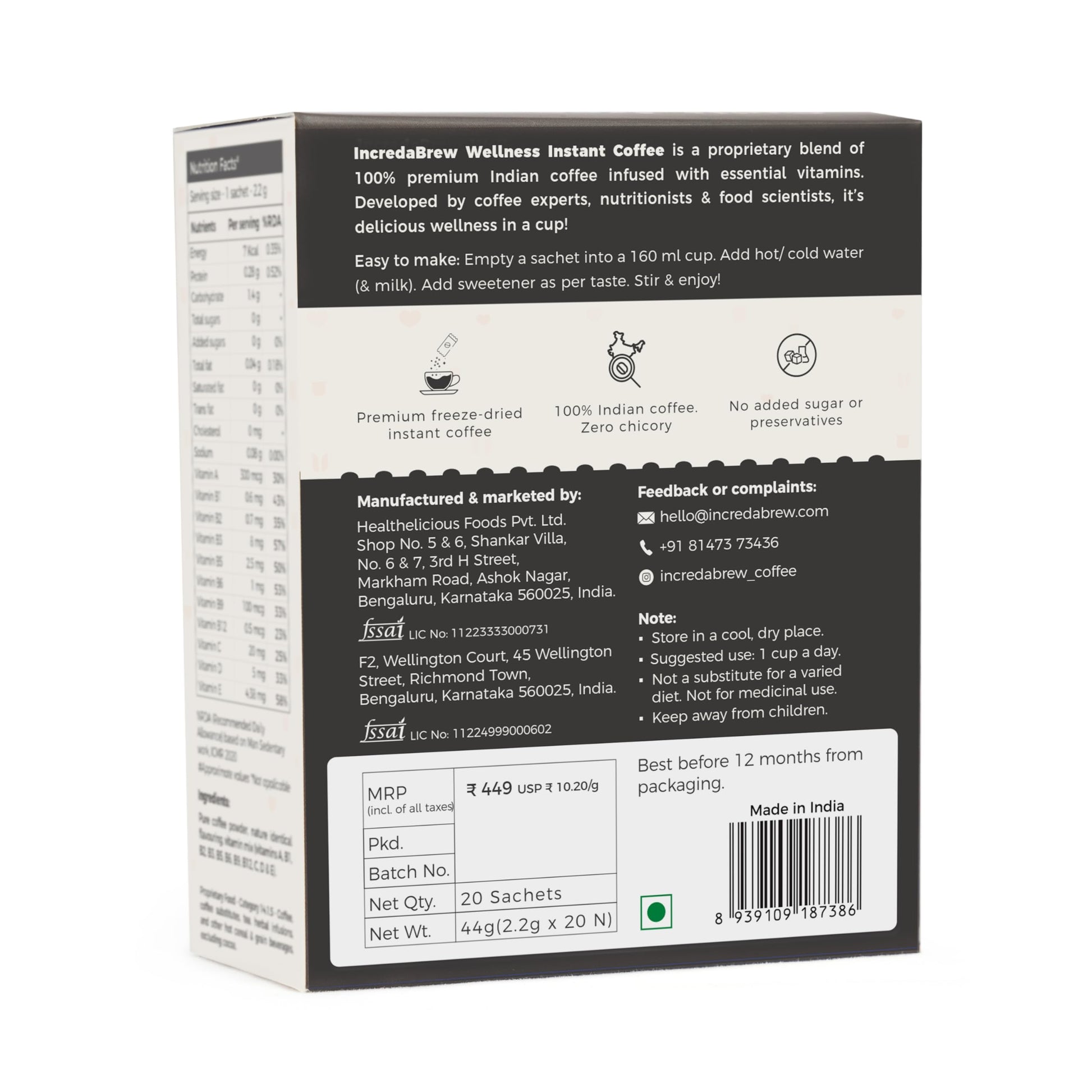 Back of the IncredaBrew Assorted Flavours Coffee Box