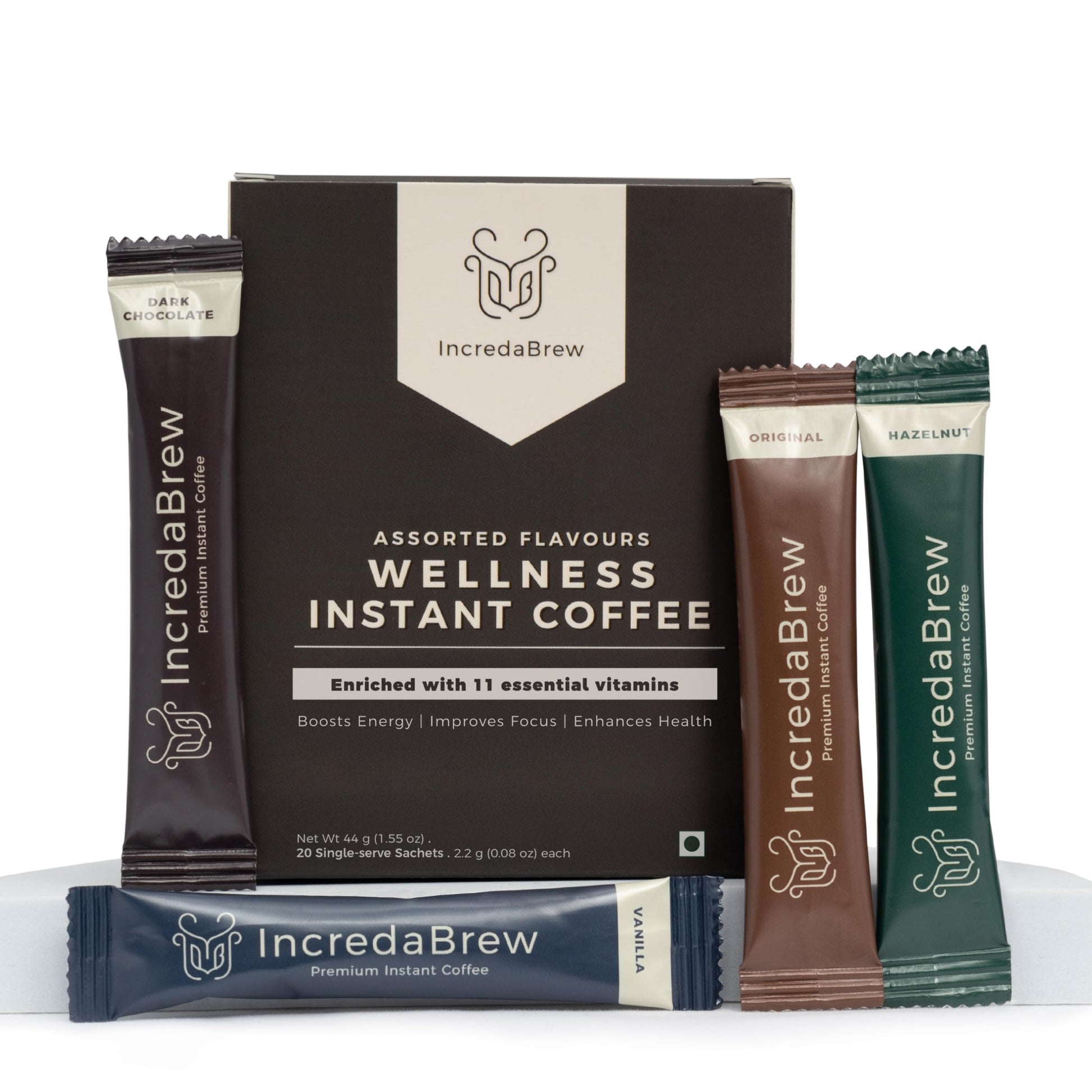 Assorted flavors of IncredaBrew instant coffee packets on a white background