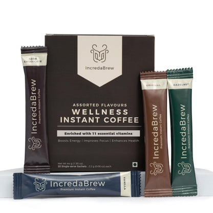 Assorted flavors of IncredaBrew instant coffee packets on a white background