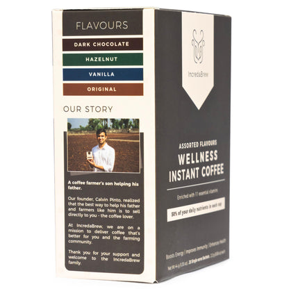 IncredaBrew Assorted Flavours Instant coffee packaging with flavor options and a story about the founder.