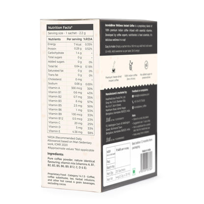 Nutrition facts and ingredients label for Assorted Flavours Coffee Box