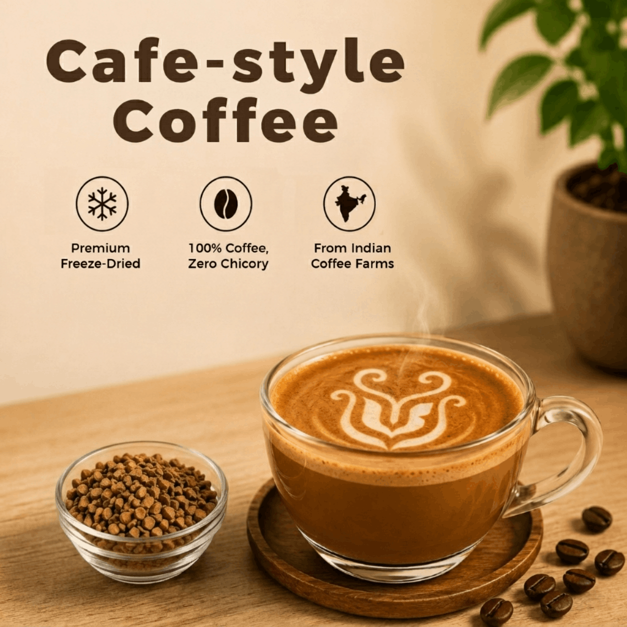 A delicious looking cup of café-style IncredaBrew coffee beside freeze-dried granules, made with 100% Indian coffee and zero chicory.