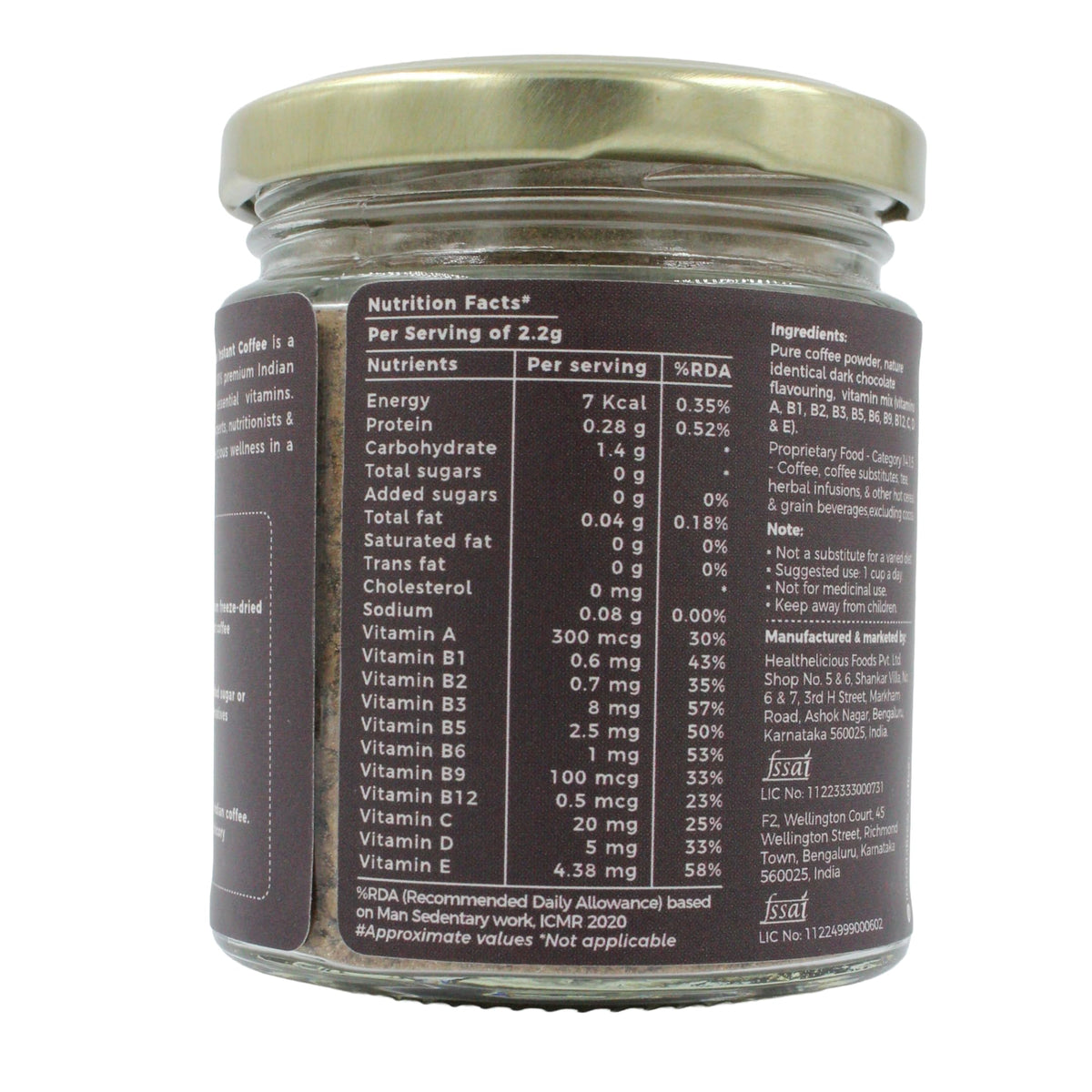 Back view of the IncredaBrew Dark Chcolate Wellness Instant Coffee - 50g jar showing the nutrition facts label