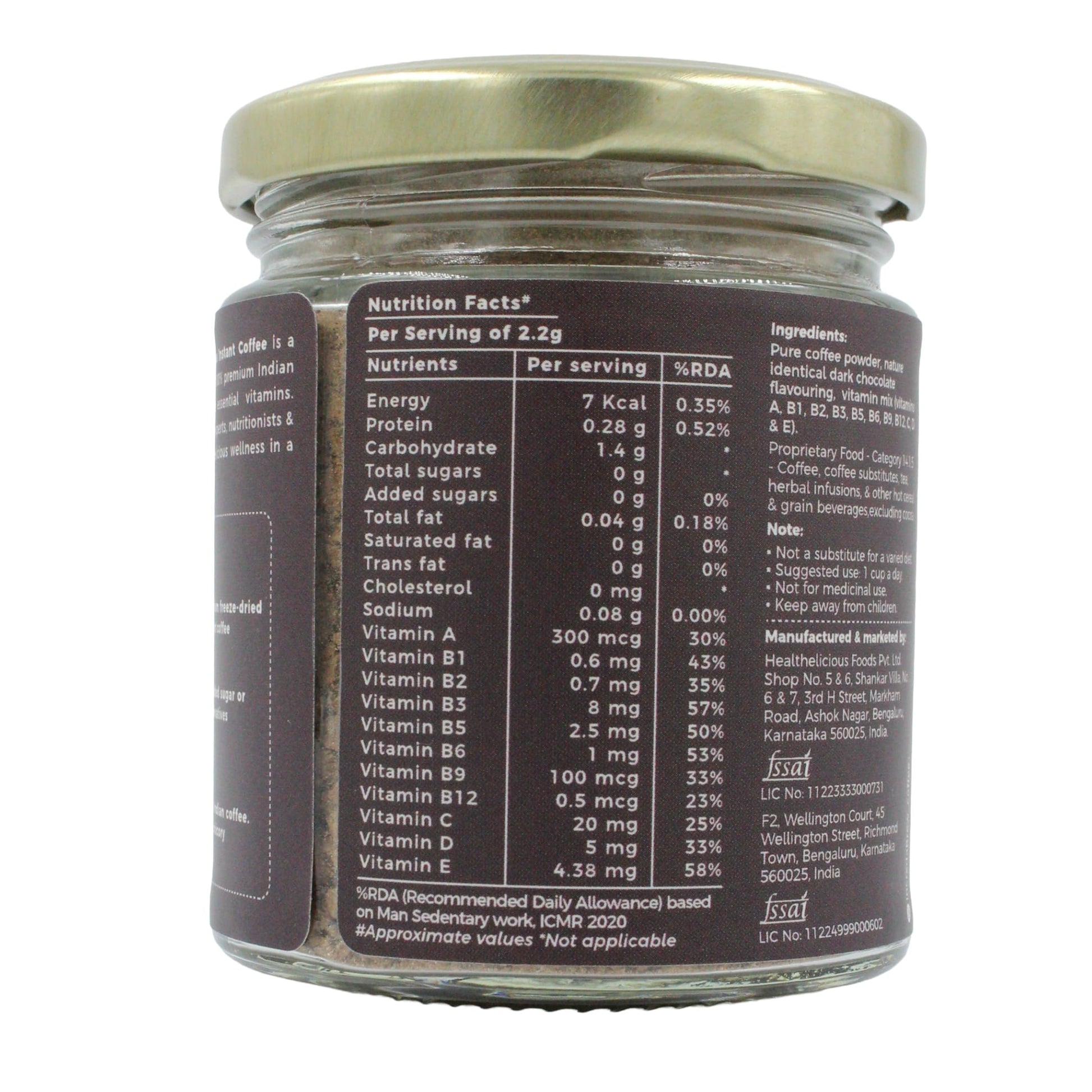 Back view of the IncredaBrew Dark Chcolate Wellness Instant Coffee - 50g jar showing the nutrition facts label