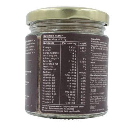 Back view of the IncredaBrew Dark Chcolate Wellness Instant Coffee - 50g jar showing the nutrition facts label