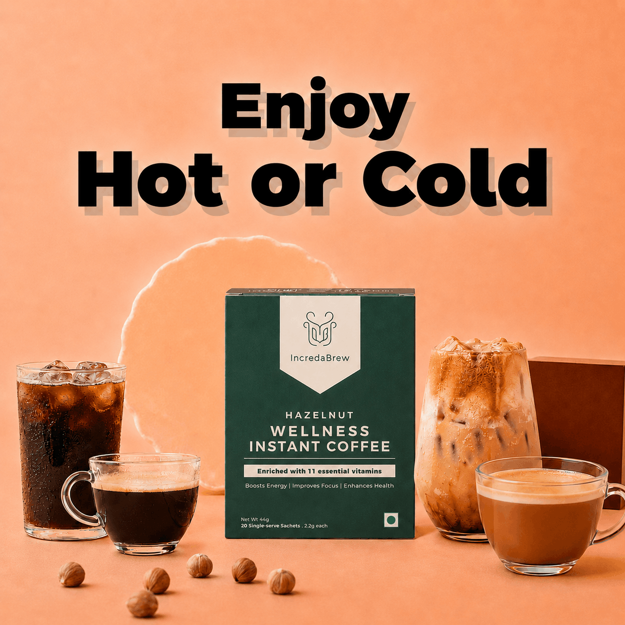 IncredaBrew Hazelnut Flavour Coffee Box beside cups of iced black coffee, hot black coffee, hot coffee and cold coffee showcasing the versatility of the coffee 