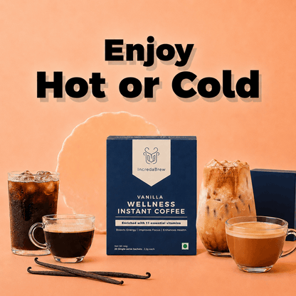 IncredaBrew Vanilla Flavour Coffee Box beside cups of iced black coffee, hot black coffee, hot coffee and cold coffee showcasing the versatility of the coffee 
