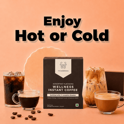 IncredaBrew Assorted Flavours Coffee Box beside cups of iced black coffee, hot black coffee, hot coffee and cold coffee showcasing the versatility of the coffee 