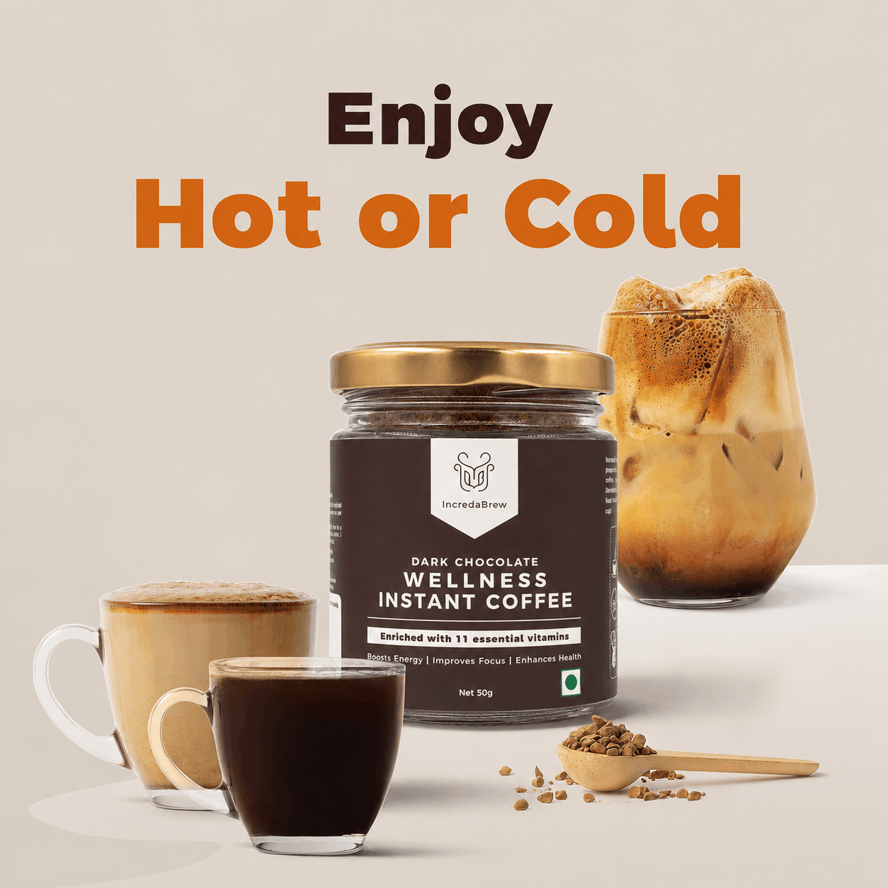 A 50 gm jar of IncredaBrew dark chocolate wellness instant coffee is besides cups of black coffee, hot coffee and cold coffee showcasing the versatility of the coffee.