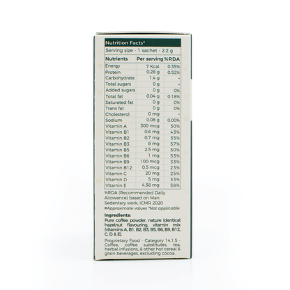 Nutrition facts and ingredients label for Hazelnut Flavour Coffee Box