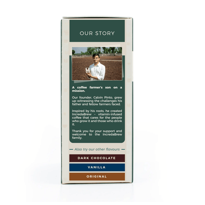 IncredaBrew Hazelnut Flavour Instant coffee packaging with flavor options and a story about the founder.