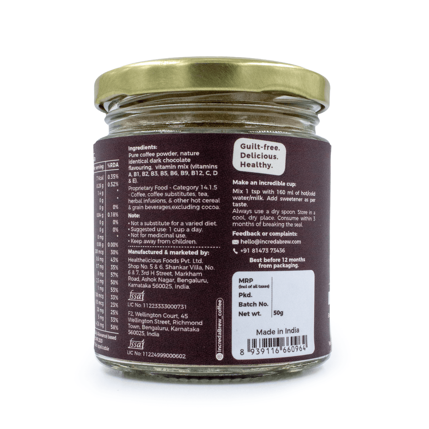 Back view of IncredaBrew Dark Chocolate Wellness Instant Coffee 50g jar showing the ingredients, manufacturer details, batch details and the making instructions.