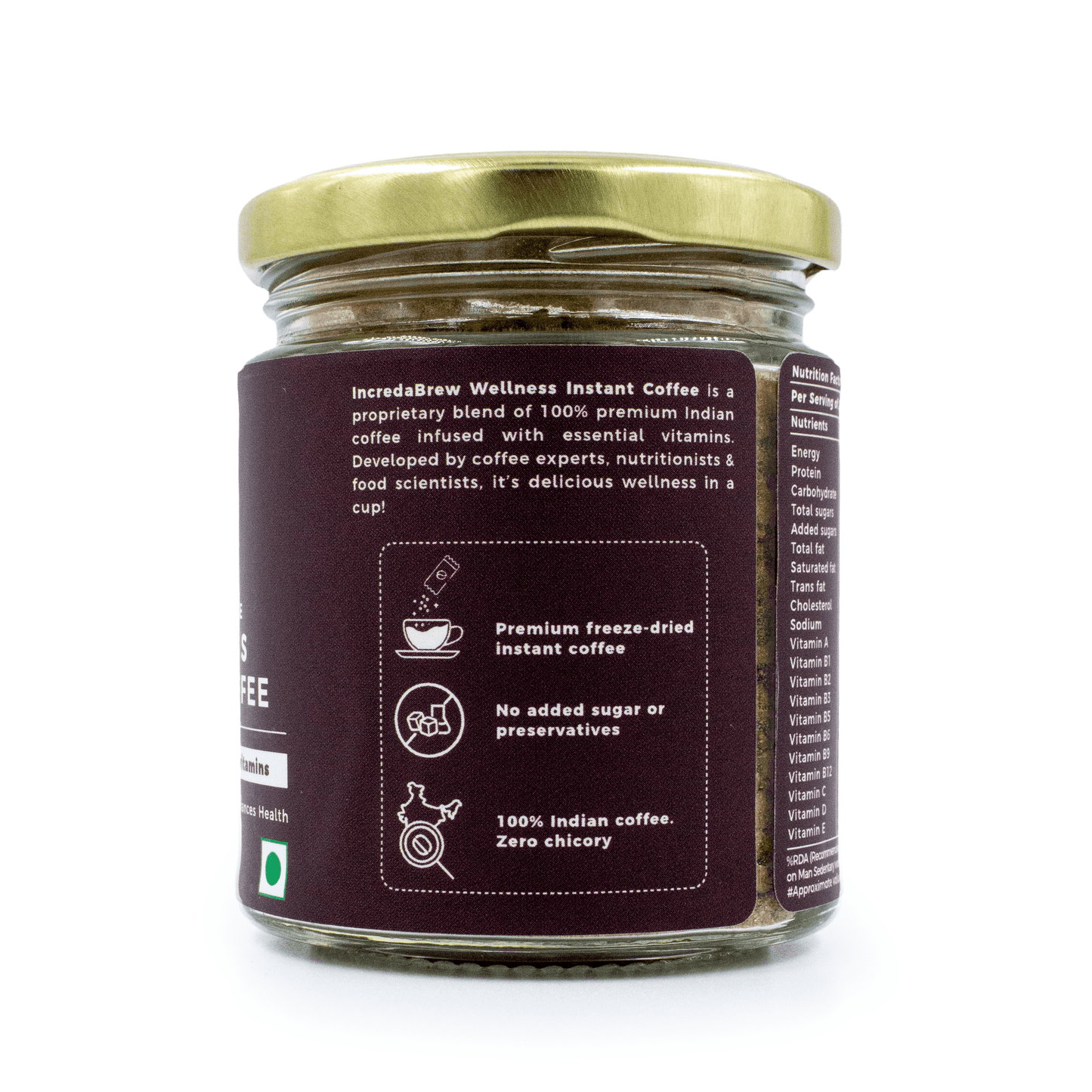 A side view of the IncredaBrew Dark Chocolate Wellness Instant Coffee 50g jar highlighting its features: premium freeze dried coffee, no added sugar or preservatives and 100% coffee, zero chicory.