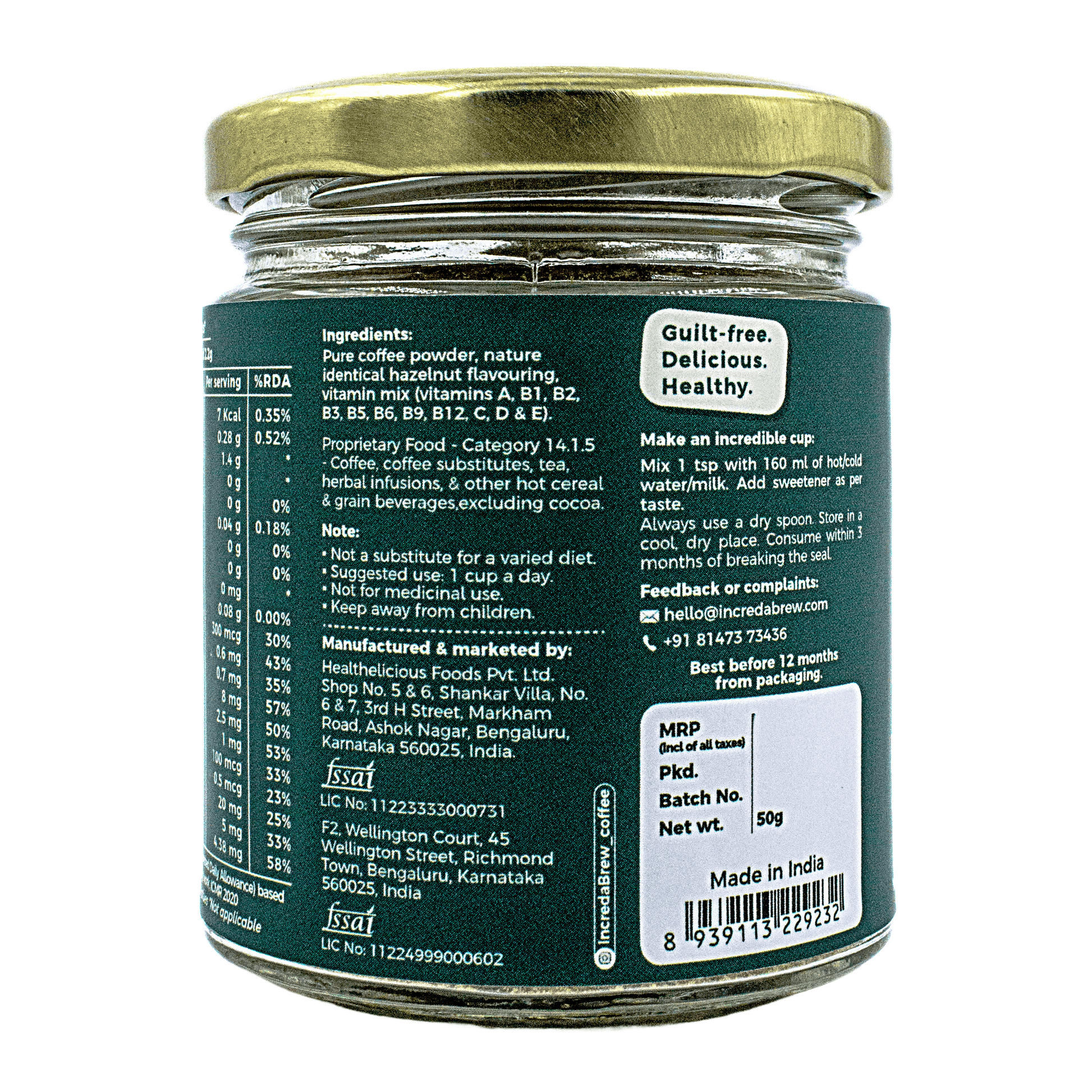 Back view of IncredaBrew Dark Chocolate Wellness Instant Coffee 50g jar showing the ingredients, manufacturer details, batch details and the making instructions.