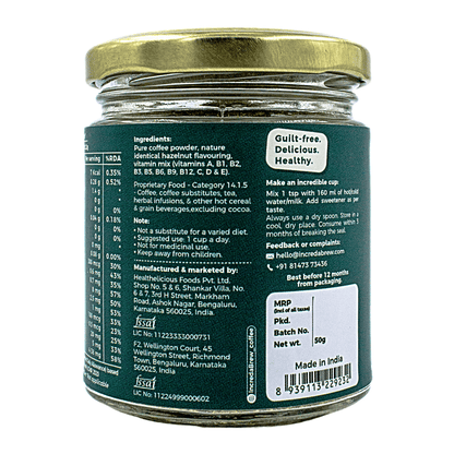 Back view of IncredaBrew Dark Chocolate Wellness Instant Coffee 50g jar showing the ingredients, manufacturer details, batch details and the making instructions.