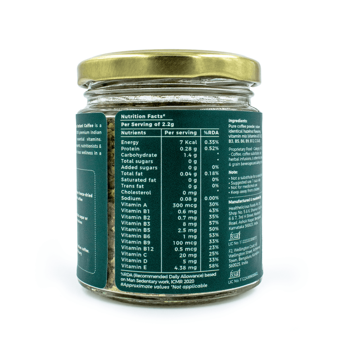 Back view of the IncredaBrew Hazelnut Wellness Instant Coffee - 50g jar showing the nutrition facts label