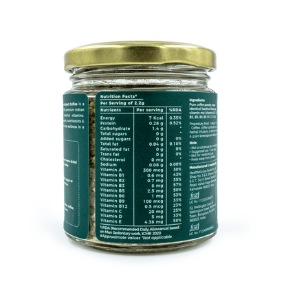 Back view of the IncredaBrew Hazelnut Wellness Instant Coffee - 50g jar showing the nutrition facts label