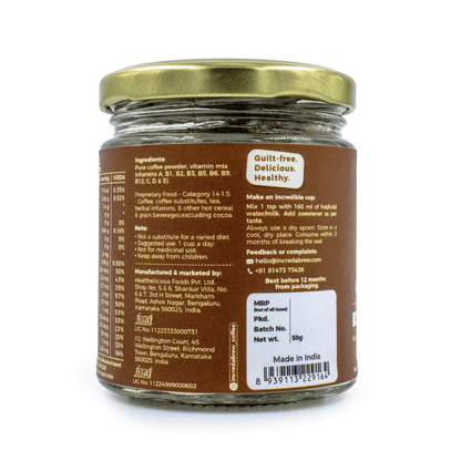 Back view of IncredaBrew Original  Wellness Instant Coffee 50g jar showing the ingredients, manufacturer details, batch details and the making instructions.