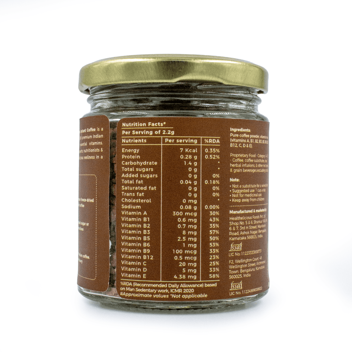 Back view of the IncredaBrew Original Wellness Instant Coffee - 50g jar showing the nutrition facts label