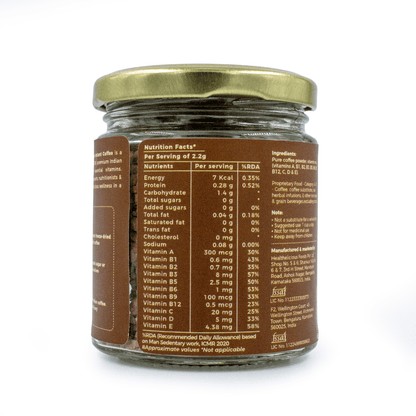 Back view of the IncredaBrew Original Wellness Instant Coffee - 50g jar showing the nutrition facts label
