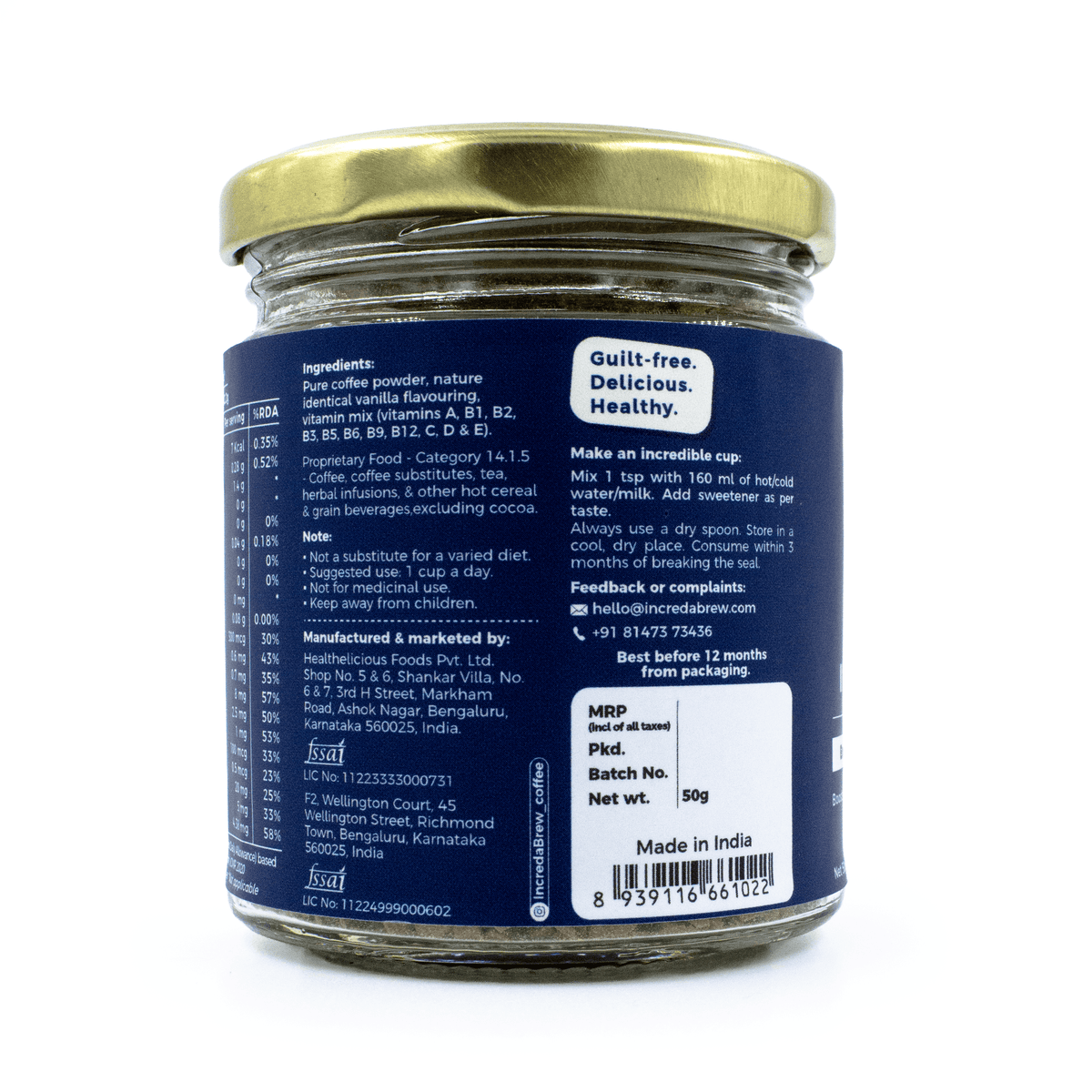 Back view of IncredaBrew Vanilla Wellness Instant Coffee 50g jar showing the ingredients, manufacturer details, batch details and the making instructions.