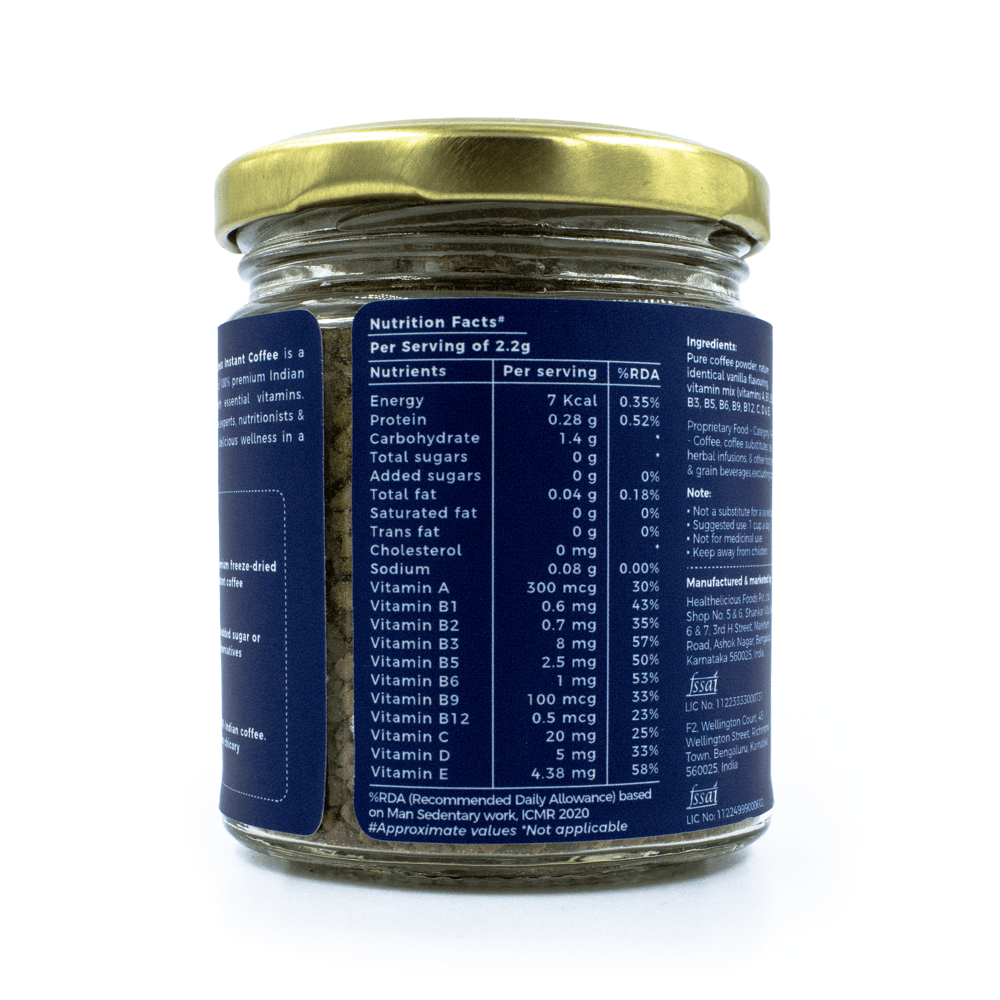 Back view of the IncredaBrew Vanilla Wellness Instant Coffee - 50g jar showing the nutrition facts label