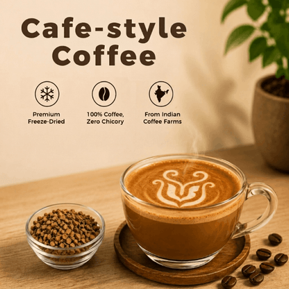 A delicious looking cup of café-style IncredaBrew coffee beside freeze-dried granules, made with 100% Indian coffee and zero chicory.