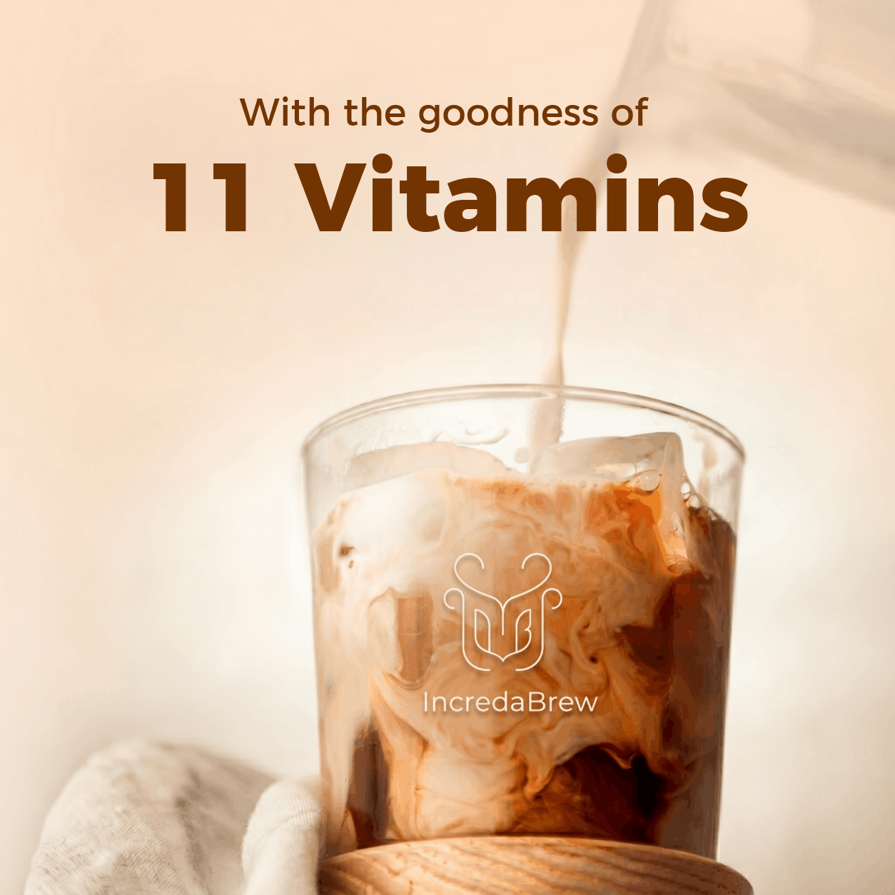 Milk being poured into a glass of iced IncredaBrew coffee, highlighting that the coffee is infused with the goodness of 11 vitamins.