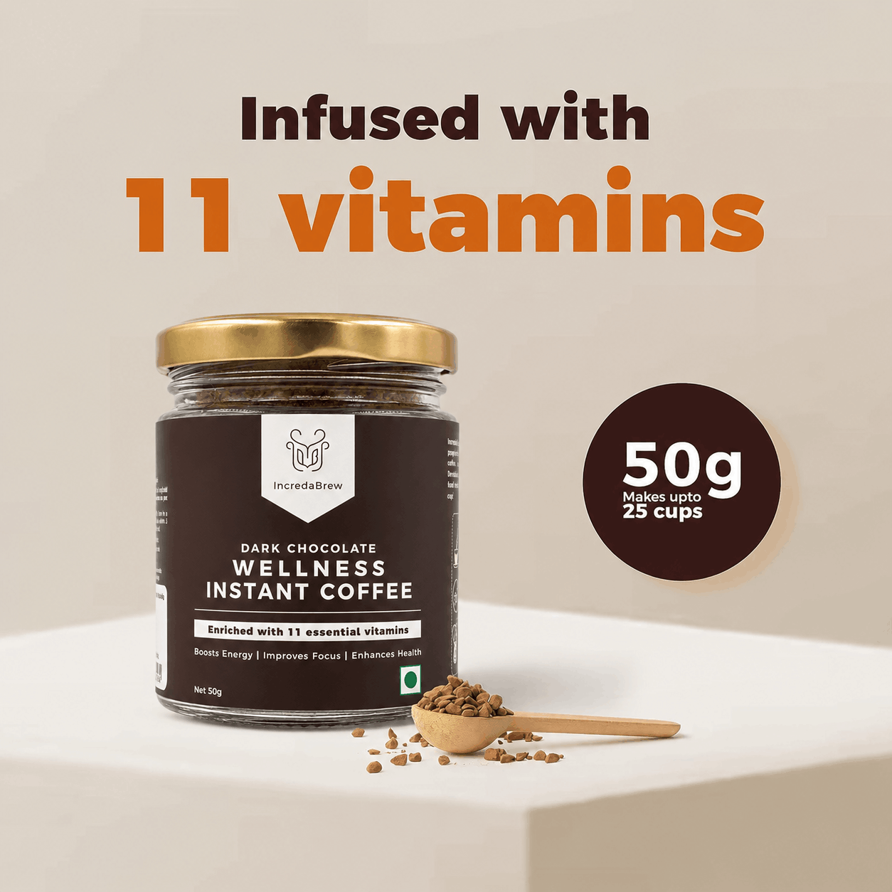 IncredaBrew Dark Chocolate instant coffee 50g jar with freeze-dried coffee granules, infused with 11 vitamins. It makes up to 25 cups.
