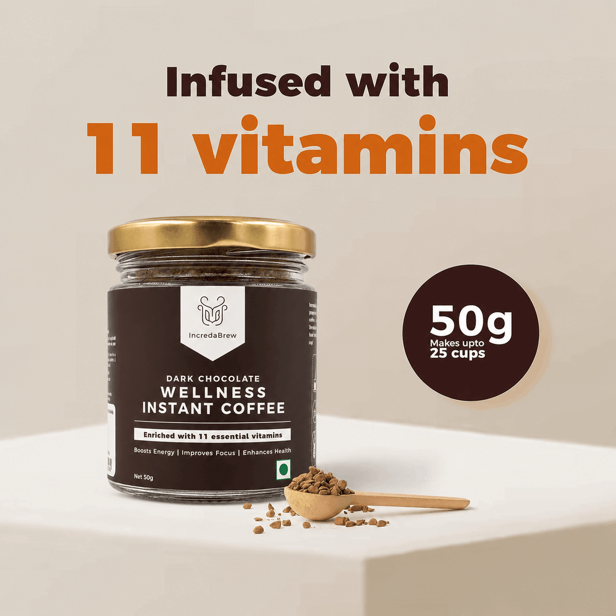 IncredaBrew Dark Chocolate instant coffee 50g jar with freeze-dried coffee granules, infused with 11 vitamins. It makes up to 25 cups.