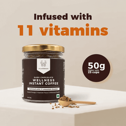 IncredaBrew Dark Chocolate instant coffee 50g jar with freeze-dried coffee granules, infused with 11 vitamins. It makes up to 25 cups.