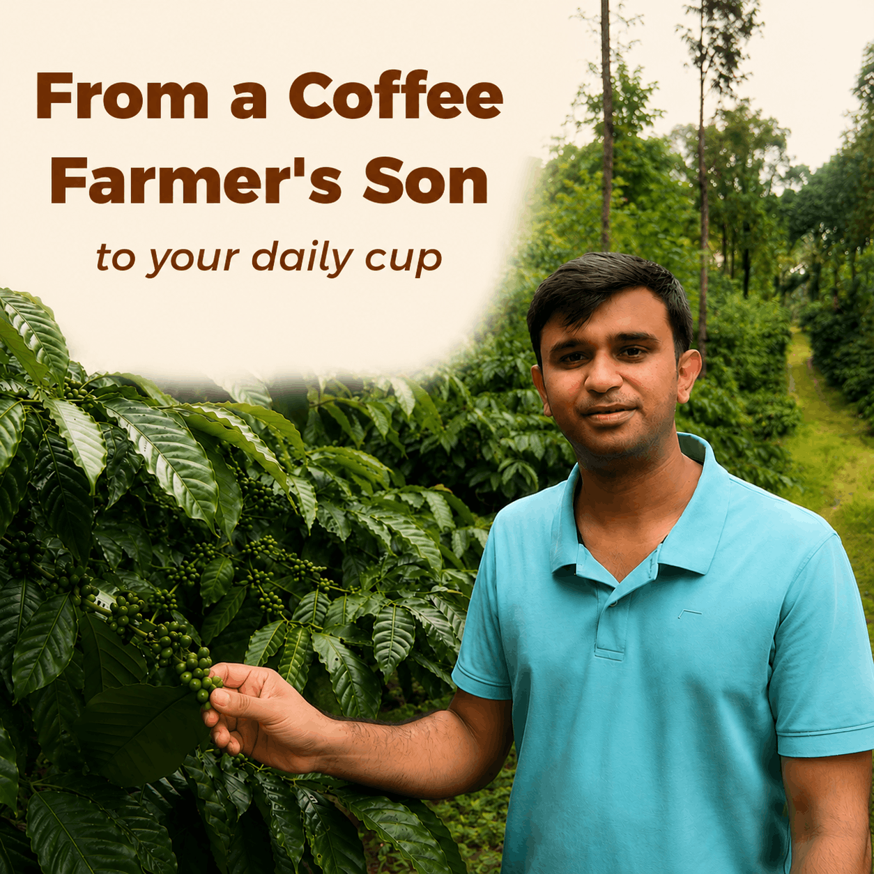 IncredaBrew founder standing among coffee plants and holding a branch of coffee cherries on his Chikmagalur coffee farm