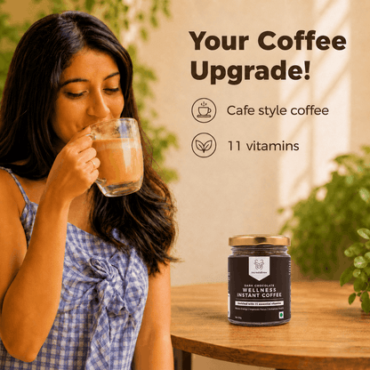 Woman enjoying IncredaBrew Dark Chocolate Flavour Wellness instant coffee beside the 50g jar of the product highlighting café-style coffee with 11 vitamins.