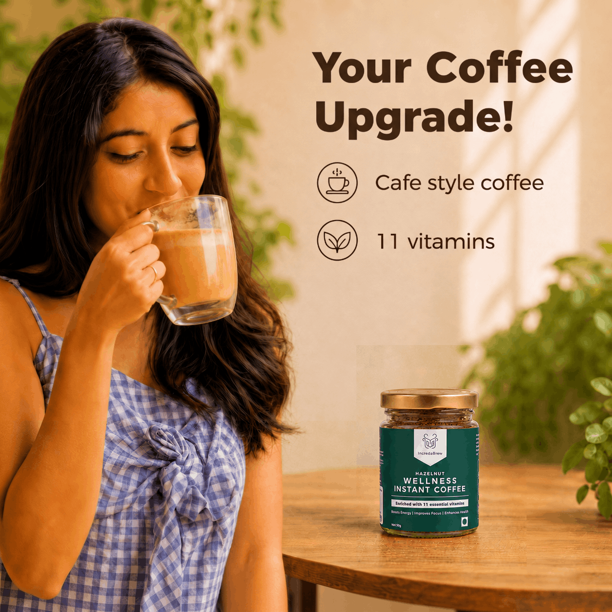 Woman enjoying IncredaBrew Hazelnut Flavour Wellness instant coffee beside the box and sachets, highlighting café-style coffee with 11 vitamins